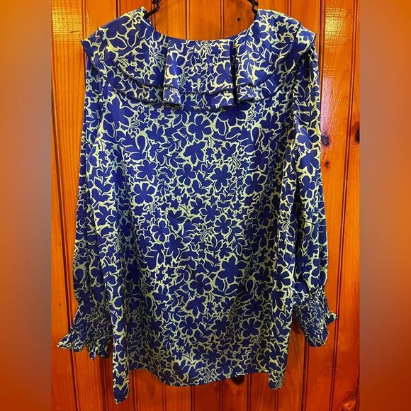 First Love By Lovelyn Floral Ruffle Blouse Green Blue - Picture 2 of 7